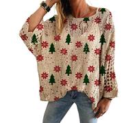 JIABAOZ Christmas Sweaters for Women Long Sleeve Crochet Christmas Tree Print Knit Pullover Loose Batwing Jumpers Graphic Crochet Hollow out Drop Shoulder Pullover (B,XXL)