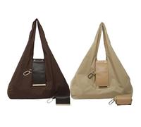 JIABAOZ Keychain Tote Bag, Foldable Tote Bag, Expandable Leather Mini Bags with Key Ring, Expands into Spacious Shopping Totes, Portable Handbag for Daily Errands (Coffee+Khaki)