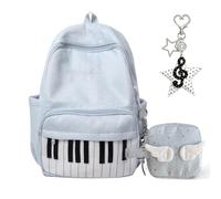 JIABAOZ Polkadot Piano Backpack, Piano Polka Dot Print Y2K School Backpack with Pendant, Large Capacity Lightweight Bookbag for School, Travel and Work (Blue Set)