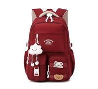 JIABAOZ School Backpack Girls, Cute Kawaii Backpack with Tags and Badges, Multiple Compartments Large Travel Book Bag Korean Aesthetic Daypack for Children's 3rd to 7th Grade (Red)