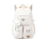 JIABAOZ School Backpack Girls, Cute Kawaii Backpack with Tags and Badges, Multiple Compartments Large Travel Book Bag Korean Aesthetic Daypack for Children's 3rd to 7th Grade (White)