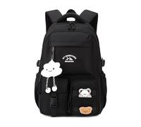 JIABAOZ School Backpack Girls, Cute Kawaii Backpack with Tags and Badges, Multiple Compartments Large Travel Book Bag Korean Aesthetic Daypack for Children's 3rd to 7th Grade (Black)