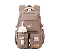 JIABAOZ School Backpack Girls, Cute Kawaii Backpack with Tags and Badges, Multiple Compartments Large Travel Book Bag Korean Aesthetic Daypack for Children's 3rd to 7th Grade (Brown)