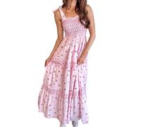 JIABAOZ Women Tie Shoulder Boho Floral Maxi Dress Y2k Smocked Flowy Lace Sundress Spaghetti Strap Summer Long Beach Dress (Pink-B,M)