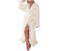 JIABAOZ Women's Fleece Robes Fuzzy Ruffle Plush Soft Robes Fluffy Warm Long Bathrobe Comfy House Coat Adults Lightweight Solid Color Sherpa Winter with Pockets (L,White)
