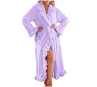JIABAOZ Women's Fleece Robes Fuzzy Ruffle Plush Soft Robes Fluffy Warm Long Bathrobe Comfy House Coat Adults Lightweight Solid Color Sherpa Winter with Pockets (XL,Purple)