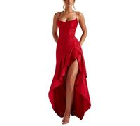JIABAOZ Women's off Shoulder Satin Prom Dress Long Spaghetti Straps Ruffles Mermaid Formal Evening Dress with Slit Elegant Cocktail Prom (Red,M)
