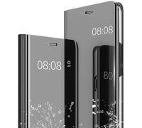 JIAFEI Custodia per Xiaomi Redmi Note 13 5G, Custodia Luxury Mirror Flip Traslucido Clear View Specchio Standing Cover Anti Shock Placcatura Smart Cover Protezione, Nero