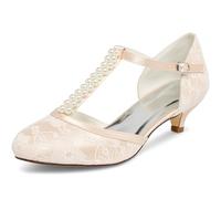 JIAJIA 01129 Scarpe da Sposa da Donna Punta Chiusa T-Strap 1.8 '' Tacco Basso Pizzo Raso Pompe Imitazione Scarpe da Sposa