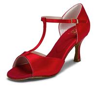 JIAJIA 20511 Latino Sandali da Donna Tacco Svasato da 7,5cm Super Satin Scarpe da Ballo Colore Rosso, Taglia 41 EU