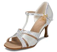 JIAJIA 20519 Latino Sandali da Donna Tacco Svasato da 2.7" Super Satin Scarpe da Ballo Colore Argento, Taglia 38 EU