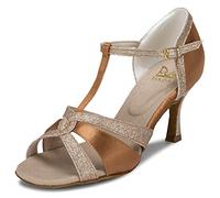 JIAJIA 20519 Latino Sandali da Donna Tacco Svasato da 2.7" Super Satin Scarpe da Ballo Colore Marrone, Taglia 39 EU