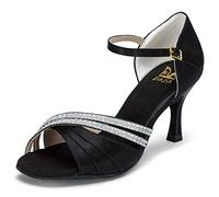 JIAJIA 20524 Sandali da Donna Latini 2.7 '' Tacco Svasato Super Satin con Scarpe da Ballo Strass Colore Nero, Taglia 36 EU
