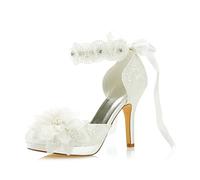 JIAJIA 3703L Scarpe da Sposa da Donna Punta Chiusa 10cm Tacco a Spillo Pizzo Satinato Piattaforma Pompe Raso Fiore Cravatta a Nastro Scarpe da Sposa Colore Avorio, Taglia 41 EU