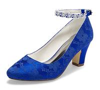 JIAJIA 62311A Scarpe da Sposa da Donna Punta Chiusa 7cm Tacco Grosso Décolleté di Raso in Pizzo Fiore di Raso Fiore di Raso Colore Blue, Taglia 38 EU