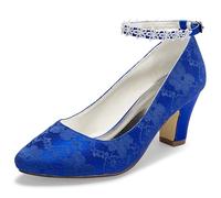 JIAJIA 62311A Scarpe da Sposa da Donna Punta Chiusa 7cm Tacco Grosso Décolleté in Pizzo di Raso con Fiore Colore Blue, Taglia 38 EU