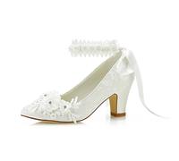 JIAJIA 62311B Scarpe da Sposa da Donna Punta Chiusa 7cm Tacco Grosso Pizzo Satinato Pompe Raso Fiore Cravatta a Nastro Scarpe da Sposa Colore Avorio, Taglia 39 EU