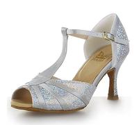 JIAJIA Y20524 da Donna Raso Sandali 7,5cm Tacco Svasato Latino Salsa Prestazione Scarpe da Ballo Colore Argento, Taglia 42 EU