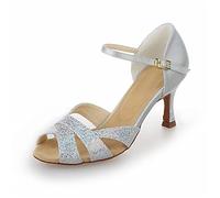 JIAJIA Y2054 da Donna Raso Sandali 7,5cm Tacco Svasato Latino Salsa Prestazione Scarpe da Ballo Colore Argento, Taglia 37 EU