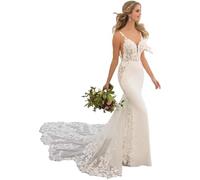 JIAJUPA Abiti da sposa sirena per abiti da sposa in pizzo Appliques Backless Beach Abiti da sposa con treno, avorio, 44