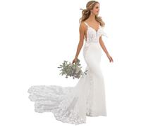 JIAJUPA Abiti da sposa sirena per abiti da sposa in pizzo Appliques Backless Beach Abiti da sposa con treno, bianco, 44