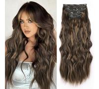 JIAMEISI Extension a clip, 4 pezzi, capelli sintetici, 56 cm, 200 g, per donne (marrone medio misto con biondo scuro)