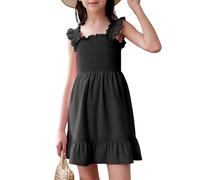 JiAmy Abiti estivi da bambina, con spalline e punto smock, elastico in vita, con volant, linea ad A, maxi abito casual per bambini dai 4 ai 12 anni, Nero , 7-8 Anni