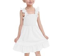 JiAmy Abiti estivi da bambina, con spalline e punto smock, elastico in vita, con volant, linea ad A, maxi abito casual per bambini dai 4 ai 12 anni, bianco, 9-10 Anni