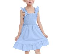 JiAmy Abiti estivi da bambina, con spalline e punto smock, elastico in vita, con volant, linea ad A, maxi abito casual per bambini dai 4 ai 12 anni, Blu, 5-6 Anni