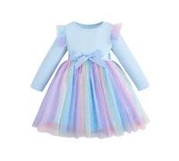 JiAmy Abiti per Ragazze in Maglia a Costine e Tulle con Paillettes a Maniche Volanti Arcobaleno per Bambini di 1-6 Anni, 02-blu., 4-5 Anni