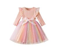JiAmy Abiti per Ragazze in Maglia a Costine e Tulle con Paillettes a Maniche Volanti Arcobaleno per Bambini di 1-6 Anni, 02-rosa, 3-4 Anni