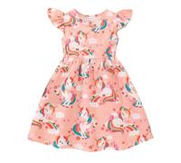 JiAmy Abito da bambina a maniche corte con volant e stampa di unicorni, linea ad A, per primavera ed estate, casual, per bambine da 18 mesi a 8 anni, Unicorno arancione, 6-7 Anni