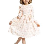 JiAmy Abito da bambina a maniche lunghe con scollo a volant, motivo floreale, per bambini, abito da principessa, elastico, linea ad A, abito da festa con cintura, primavera, autunno, ragazza