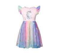 JiAmy Abito da bambina con maniche a volant, stampa unicorno, paillettes arcobaleno, tulle, tutù per bambini, estivo, matrimonio, festa di compleanno, vestiti da principessa, per bambine dai 3 agli 8