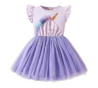 JiAmy Abito da bambina con volant a maniche corte con stampa unicorno, in cotone, tulle, tutù per feste di compleanno per bambine dai 3 agli 8 anni, Viola, 7-8 Anni