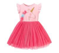 JiAmy Abito da bambina con volant a maniche corte con stampa unicorno, in cotone, tulle, tutù per feste di compleanno per bambine dai 3 agli 8 anni, rosa, 7-8 Anni