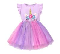 JiAmy Abito da bambina con volant a maniche corte con stampa unicorno, in cotone, tulle, tutù per feste di compleanno per bambine dai 3 agli 8 anni, Viola chiaro, 4-5 Anni