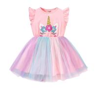 JiAmy Abito da bambina con volant a maniche corte con stampa unicorno, in cotone, tulle, tutù per feste di compleanno per bambine dai 3 agli 8 anni, rosa chiaro, 7-8 Anni