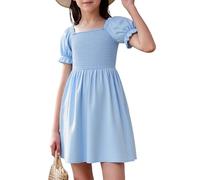 JiAmy Abito Elegante Bambina Scollo Quadro Maniche a Lantern Corti con Volanti Design a Pieghe sul Busto e Vita Alta per 13-14 Anni, 160