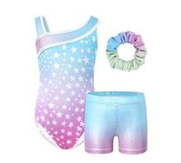 JiAmy Body da ginnastica per ragazze, 3 pezzi, senza maniche, per atletica, con pantaloncini e pantaloncini, 3-12 anni, Set sfumato blu-rosa, 9-10 Years
