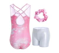 JiAmy Body da ginnastica per ragazze con pantaloncini, abbigliamento da ginnastica incrociato sulla schiena, abbigliamento da danza e atletica, 3 pezzi, per bambini da 3 a 12 anni, Set di cuori rosa