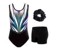 JiAmy Body da ginnastica per ragazze, con pantaloncini e fascia per capelli, set da ginnastica per bambine dai 3 ai 12 anni, Nero sfumato e nero, 11-12 Years