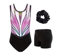 JiAmy Body da ginnastica per ragazze, con pantaloncini e fascia per capelli, set da ginnastica per bambine dai 3 ai 12 anni, Rosa sfumato e nero, 5-6 Years