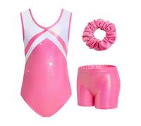 JiAmy Body da ginnastica per ragazze, con pantaloncini e fascia per capelli, set da ginnastica per bambine dai 3 ai 12 anni, Rosa e Bianco, 9-10 Years