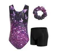 JiAmy Body da ginnastica per ragazze con pantaloncini, set da 3 pezzi, per ginnastica atletica, senza maniche, abbigliamento da danza per bambini da 3 a 12 anni, Set farfalla nero viola, 3-4 Years