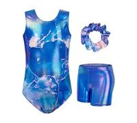 JiAmy Body da ginnastica per ragazze con pantaloncini, set da 3 pezzi, per ginnastica atletica, senza maniche, abbigliamento da danza per bambini da 3 a 12 anni, Set marmorizzato blu, 6-7 Years