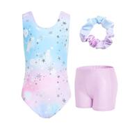 JiAmy Body da ginnastica per ragazze con pantaloncini, set da 3 pezzi, per ginnastica atletica, senza maniche, abbigliamento da danza per bambini da 3 a 12 anni, Rosa Blu Gradiente-Set, 6-7 Years