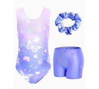 JiAmy Body da ginnastica per ragazze con pantaloncini, set da 3 pezzi, per ginnastica atletica, senza maniche, abbigliamento da danza per bambini da 3 a 12 anni, Set farfalla viola, 8-9 Years