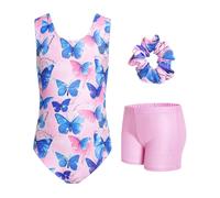 JiAmy Body da ginnastica per ragazze con pantaloncini, set da 3 pezzi, per ginnastica e atletica, senza maniche, per bambini di 8-9 anni