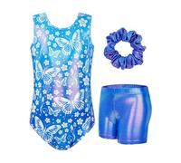 JiAmy Body da ginnastica per ragazze con pantaloncini, set da ginnastica per bambini, abbigliamento atletico, abbigliamento da danza incrociato sulla schiena, 3 pezzi, per bambini da 3 a 12 anni, Set